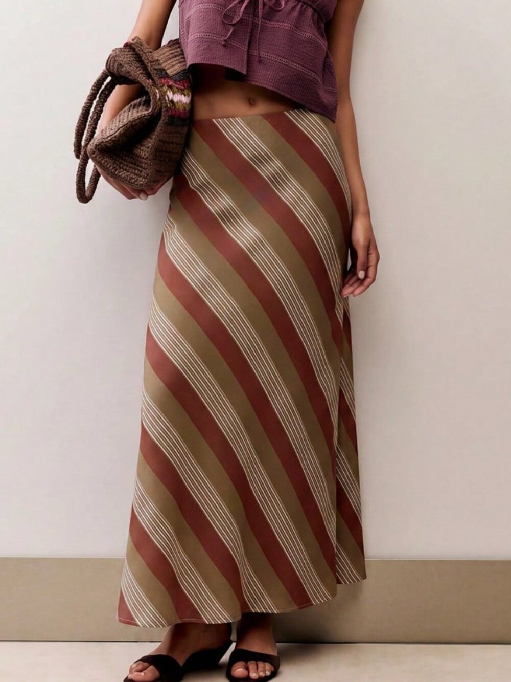 Rust Brown Casual Women's Striped Long Skirt